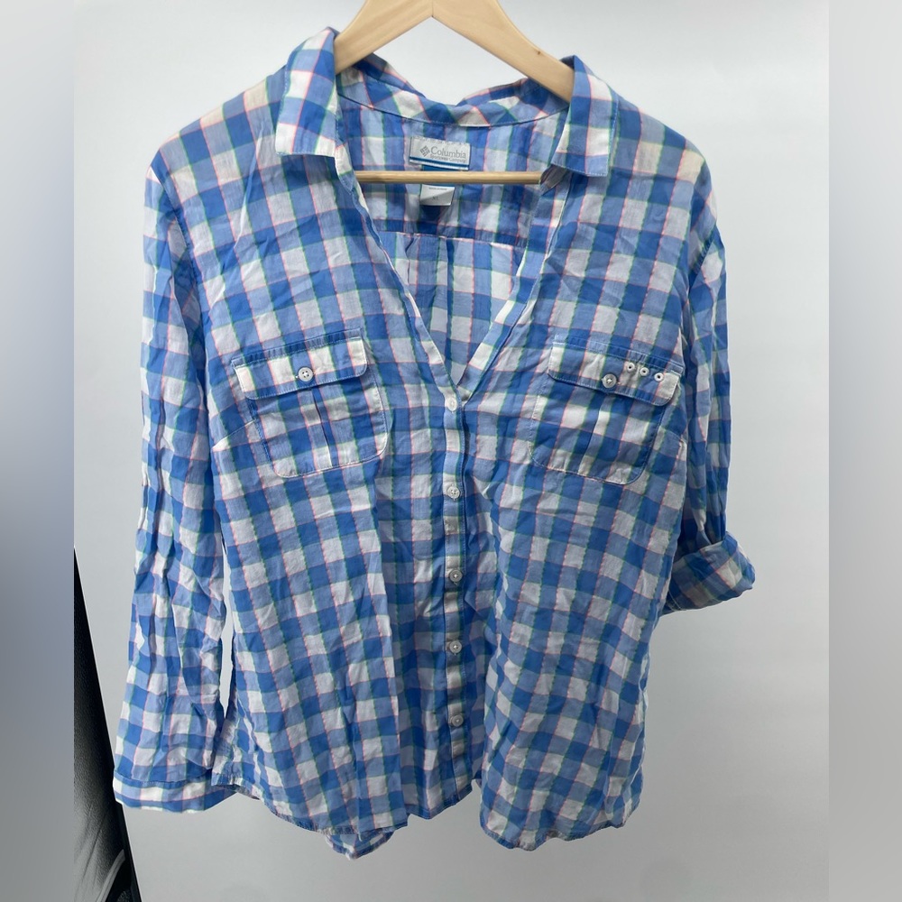 Columbia Women’s PFG cotton fishing shirt, blue and white checked pattern - XL